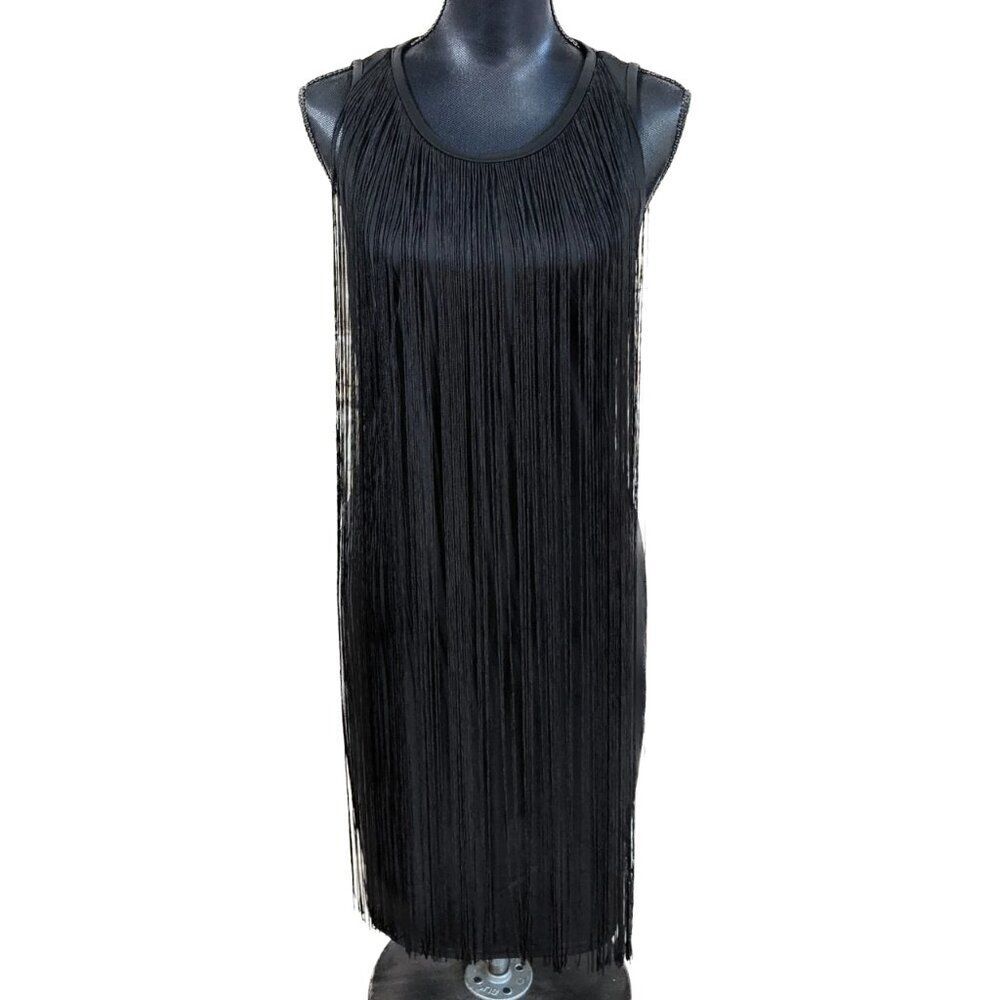 Sam Edelman Black Fringe Midi Dress Open Back Sleeveless Party Glam Size M